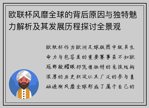 欧联杯风靡全球的背后原因与独特魅力解析及其发展历程探讨全景观